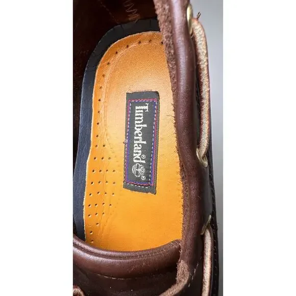 Vtg Timberland Brown Leather White Sole 2 Eye Boat Shoes 74035 Preppy Men Sz 9.5 - Picture 16 of 16